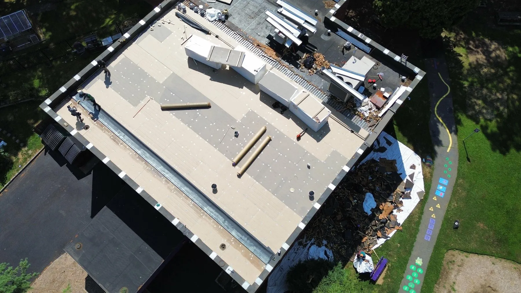 Drone photo of a flat commercial roof during a roof survey