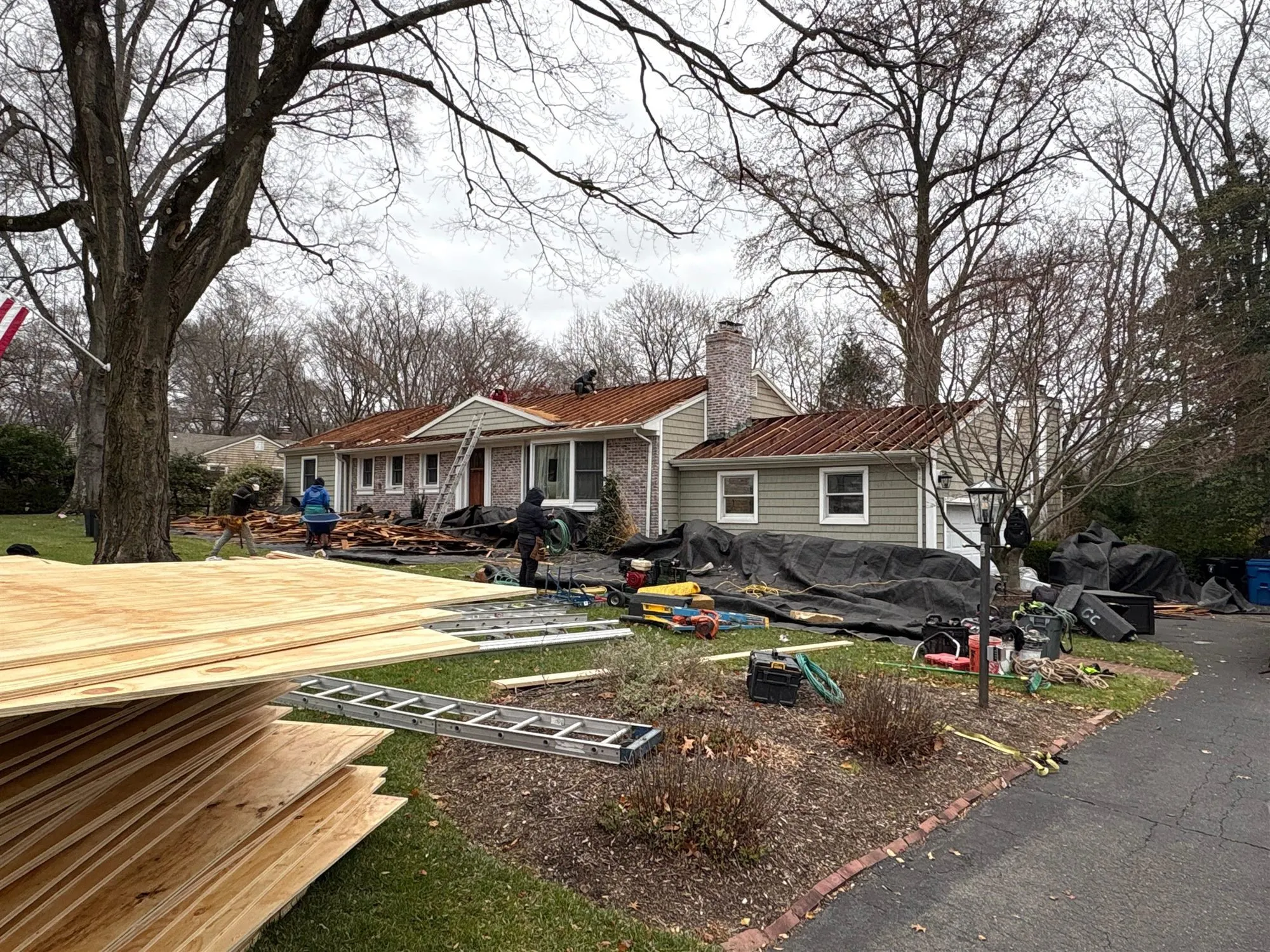 Plywood roof decking staged on a lawn during a roof replacement