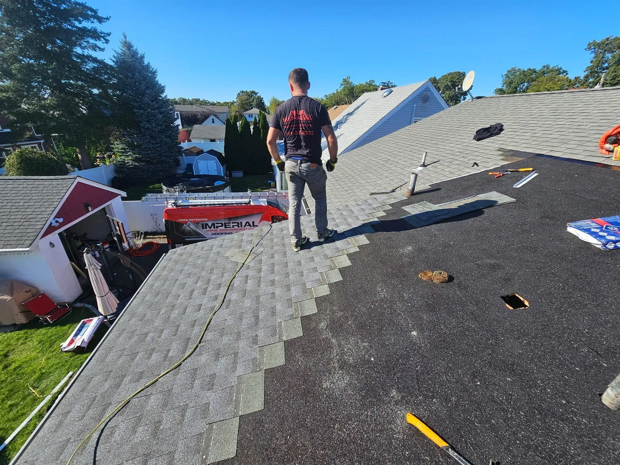 Imperial crew and work truck at a roof replacement in North Jersey