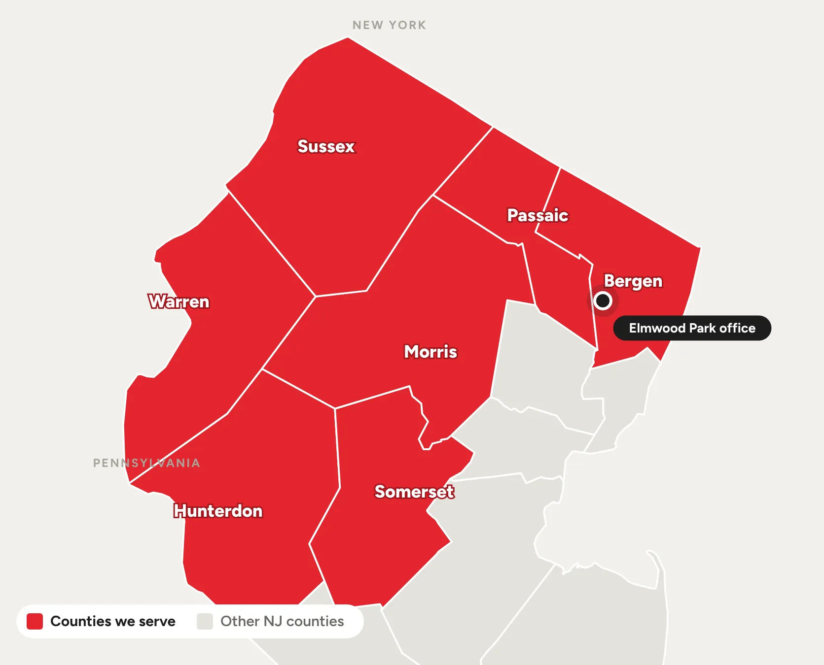 Map of North Jersey with Bergen, Passaic, Morris, Sussex, Warren, Hunterdon and Somerset counties highlighted, and the Elmwood Park office marked