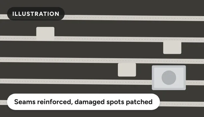 Illustration of reinforced seams and patched spots on a flat roof