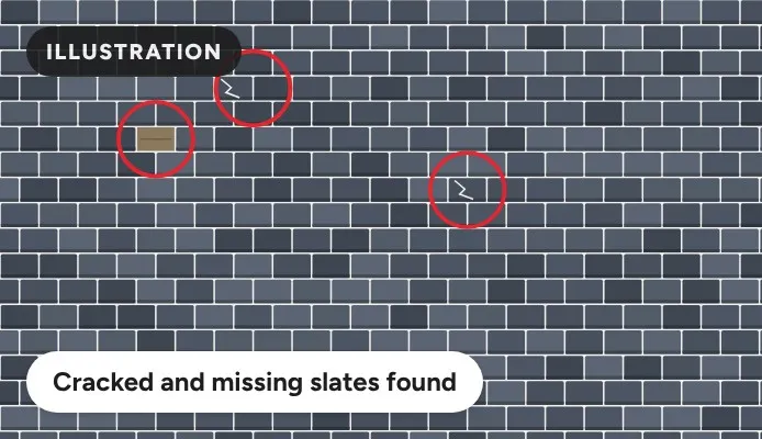 Illustration of cracked and missing slates found on a slate roof